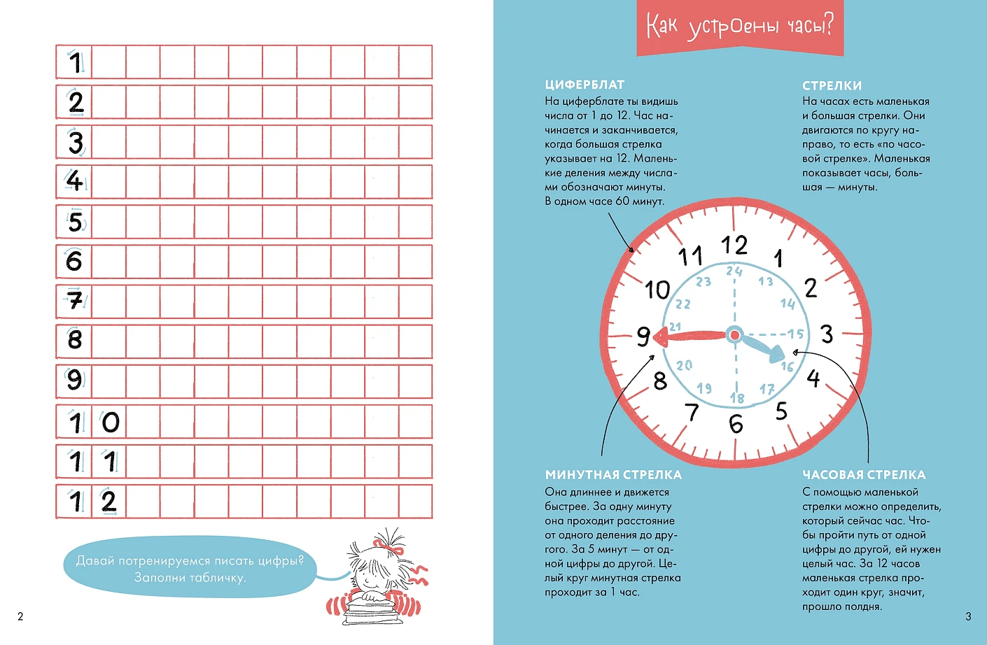 Учим время. Час, полчаса, четверть часа. Знакомимся с часами и учимся определять время. Развивающие тетради вместе с Конни!